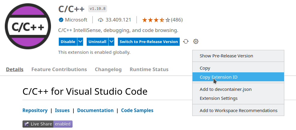 Copy Visual Studio Code Extension ID